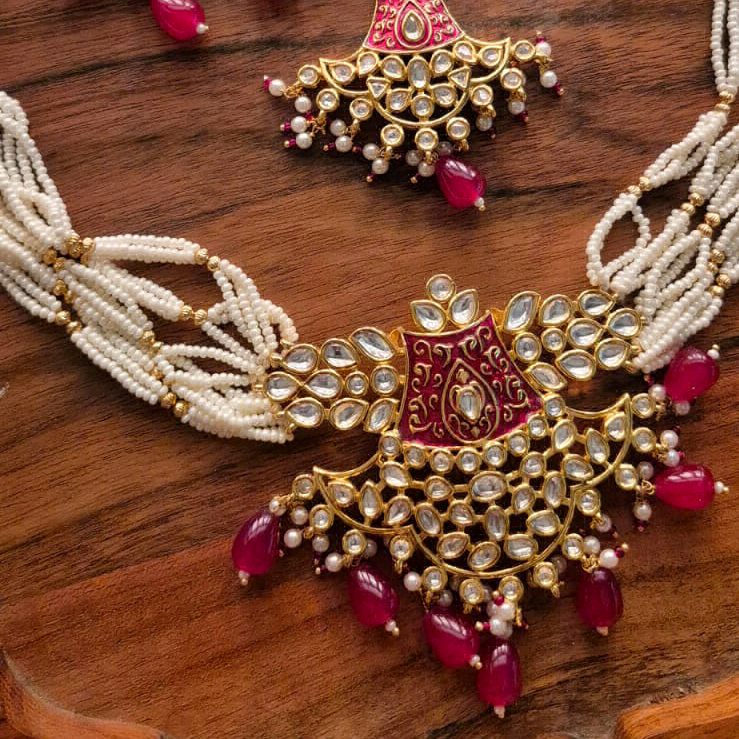 Pink Enamel Kundan Choker set 